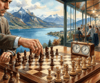 Chess game on a table overlooking an alpine lake and snow-capped mountains