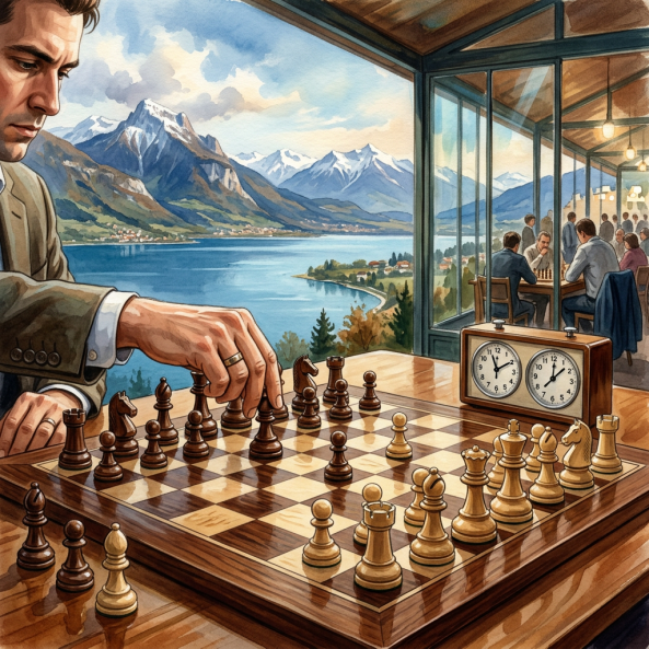 Chess game on a table overlooking an alpine lake and snow-capped mountains